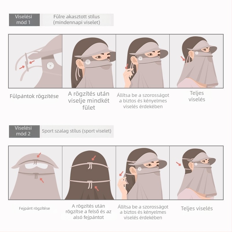 Női napvédő arcmaszk, lélegző nylon anyag, teljes arcvédő, nyak- és homlokvédelmet nyújtó, eredeti dizájn