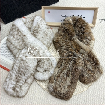 Téli nyúl szőrme sál, koreai stílusú, hosszú, kétoldalas, vastag szőrme gallér, kézi kötés