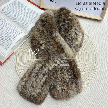 Téli nyúl szőrme sál, koreai stílusú, hosszú, kétoldalas, vastag szőrme gallér, kézi kötés