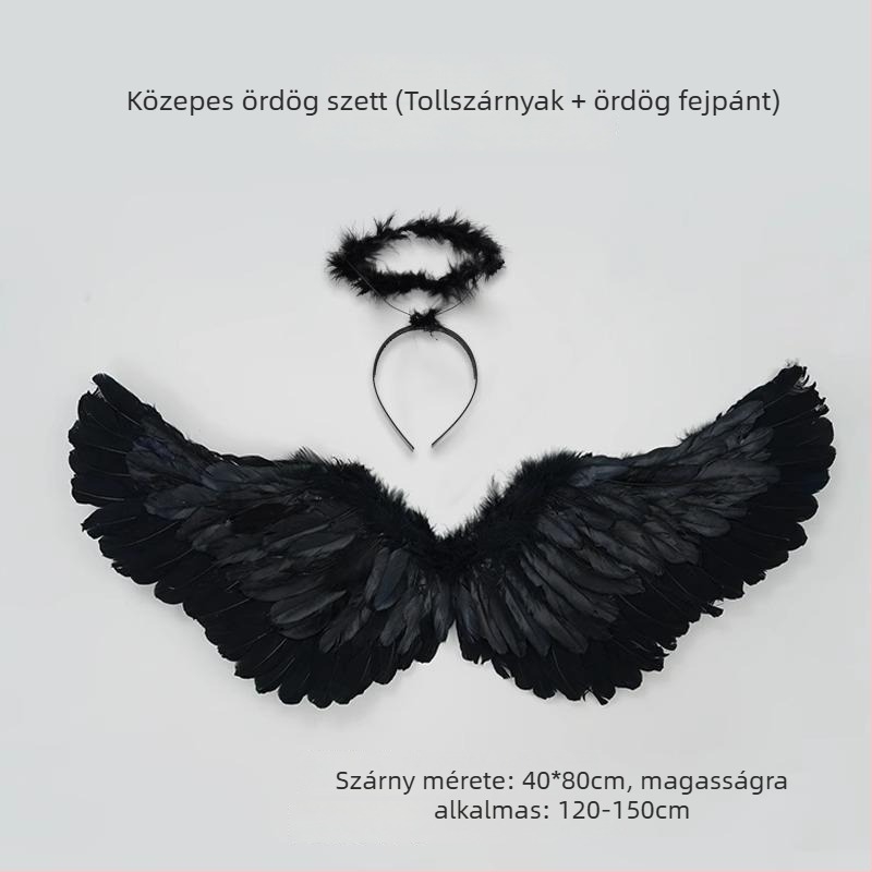Hátsó angyalszárnyak fehér és fekete tollakkal, Halloween jelmez felnőtteknek