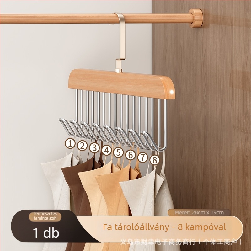 Masszívfa nyakkendő tartó 8 kampóval, multifunctionális ruhatartó