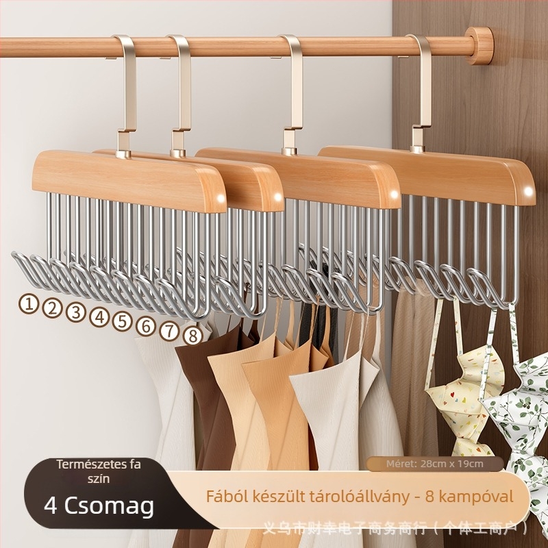 Masszívfa nyakkendő tartó 8 kampóval, multifunctionális ruhatartó