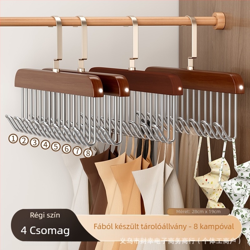 Masszívfa nyakkendő tartó 8 kampóval, multifunctionális ruhatartó