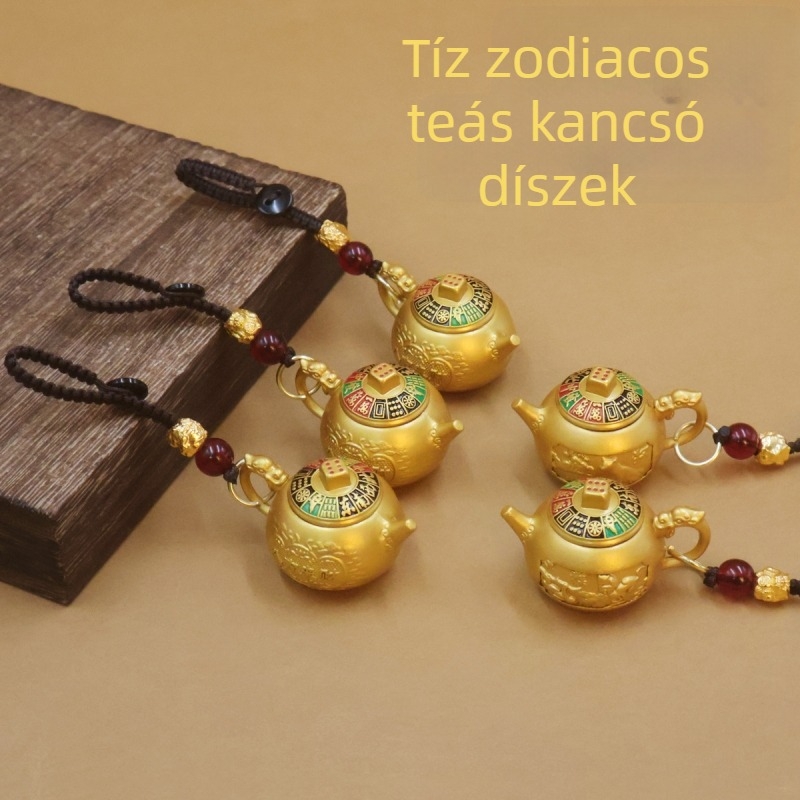 Kulcstartó medál festett kínai zodiákus motívummal, ötvözetből, forgó dizájn