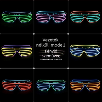 Vezeték nélküli fénylő szemüveg – rekvizit partyhoz és előadásokhoz; Anyag: műanyag; Áramellátás: 2x1.5V AAA vagy 2x7 elem (elem nincs benne); Logó nyomtatása: lehetséges; Gyártás: félig manuális és félig mechanikus
