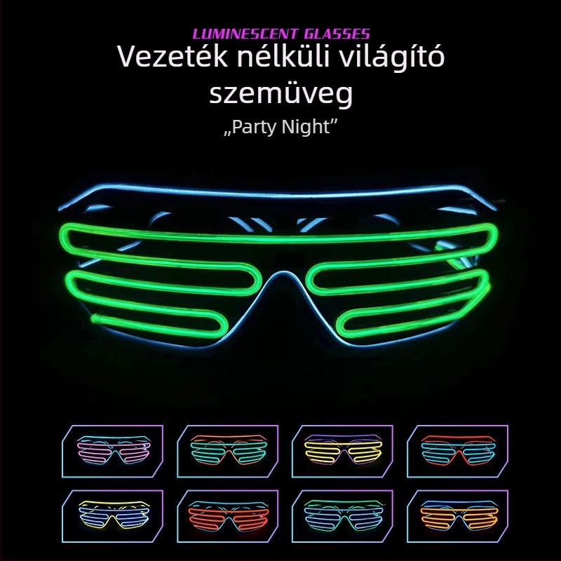 Vezeték nélküli fénylő szemüveg – rekvizit partyhoz és előadásokhoz; Anyag: műanyag; Áramellátás: 2x1.5V AAA vagy 2x7 elem (elem nincs benne); Logó nyomtatása: lehetséges; Gyártás: félig manuális és félig mechanikus