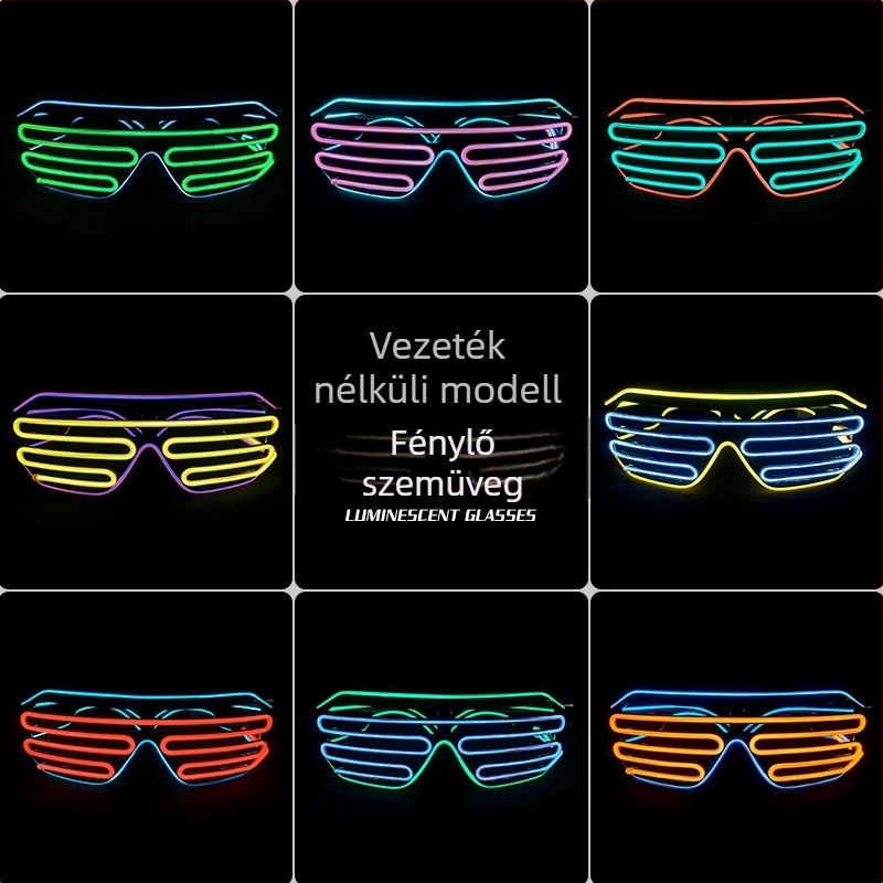 Vezeték nélküli fénylő szemüveg – rekvizit partyhoz és előadásokhoz; Anyag: műanyag; Áramellátás: 2x1.5V AAA vagy 2x7 elem (elem nincs benne); Logó nyomtatása: lehetséges; Gyártás: félig manuális és félig mechanikus
