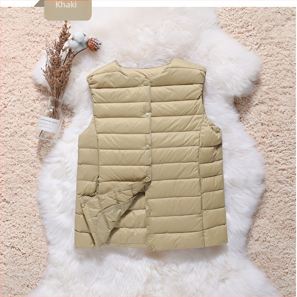 Puhás mellény, könnyű Chenille anyag, fehér kacsapuhás töltet, karcsúsított szabás, kerek nyakú