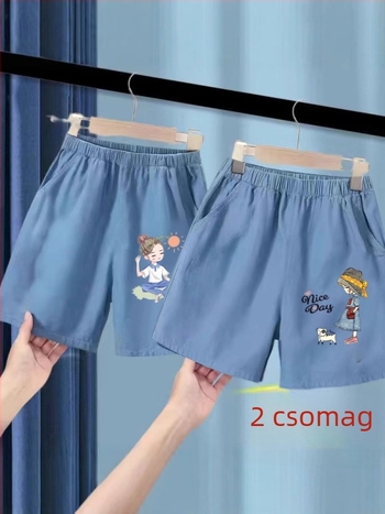 Lányok nyári jégselyem denim rövidnadrág, poliészter 91–95%, középmagas derékvonal, elasztikus öv, Cartoon mintázat, 3–8 éveseknek, nyár 2025