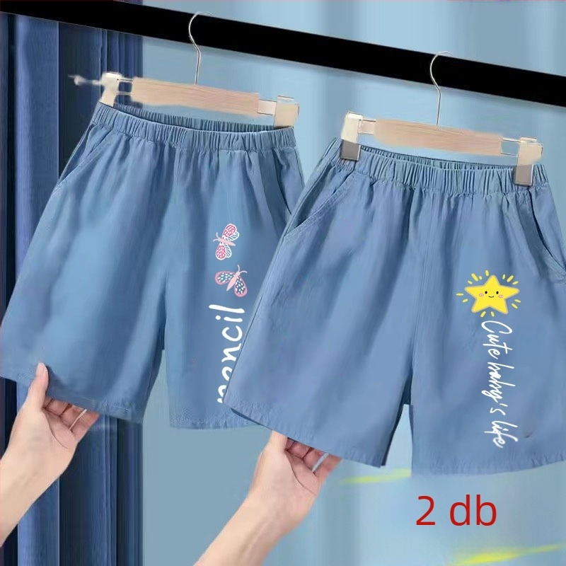 Lányok nyári jégselyem denim rövidnadrág, poliészter 91–95%, középmagas derékvonal, elasztikus öv, Cartoon mintázat, 3–8 éveseknek, nyár 2025