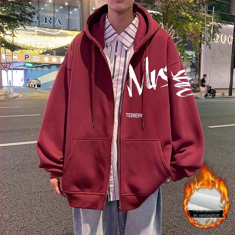 Kapucnis cipzáros kardigán pulóver Hongkong-stílusban, betűs nyomtatással, pamut-poliészter keverék 58,7% pamut / 41,3% poliészter, álló gallér, raglán ujjak, egész éves viselet