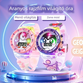Elektromos gyermekóra fény- és zenefunkcióval, rajzfilm-design; mozgás: elektronikus; vízállóság: Nem; tok: műanyag; szíj: műanyag; tükör: műanyag