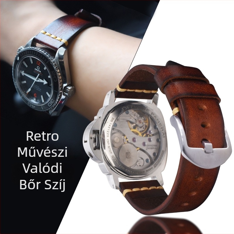 Olasz vintage valódi bőrből készült óraszíj, kézzel készített tűcsattal, növényi cserzett bőr, 21 mm, férfiaknak