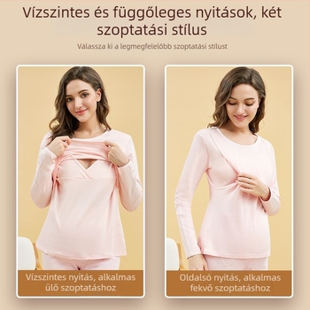 Posztpartum szoptatós pizsamaszett — 100% pamut, hosszú ujjú felső + hosszú nadrág, egyszínű, szoptatási nyílás