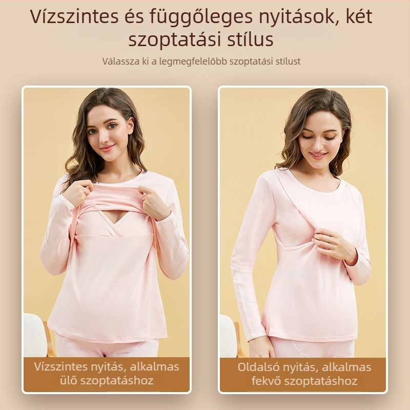 Posztpartum szoptatós pizsamaszett — 100% pamut, hosszú ujjú felső + hosszú nadrág, egyszínű, szoptatási nyílás