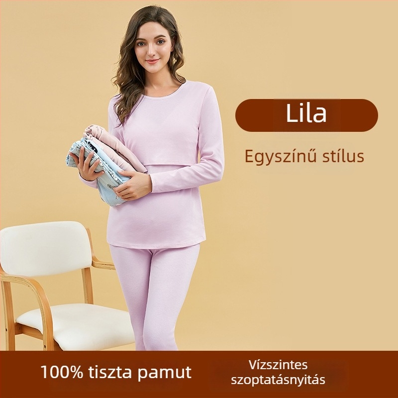 Posztpartum szoptatós pizsamaszett — 100% pamut, hosszú ujjú felső + hosszú nadrág, egyszínű, szoptatási nyílás