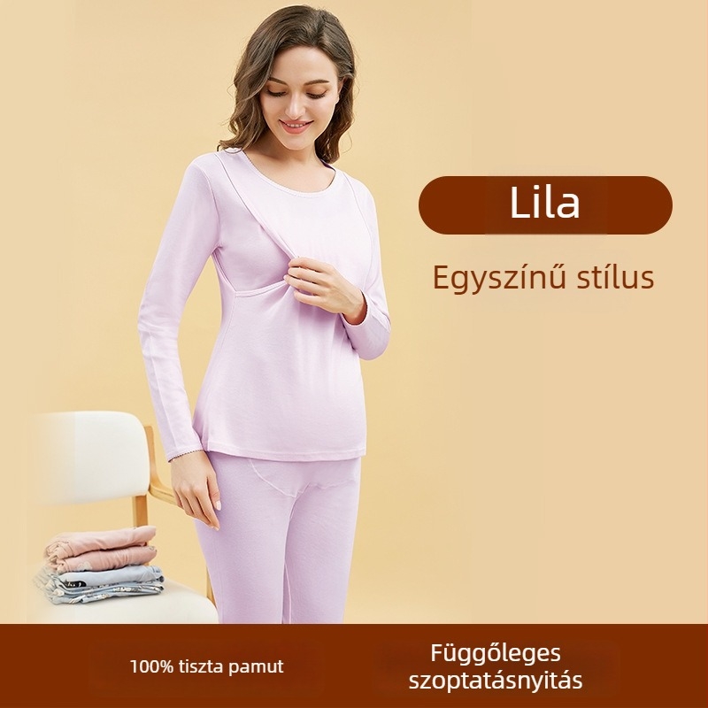 Posztpartum szoptatós pizsamaszett — 100% pamut, hosszú ujjú felső + hosszú nadrág, egyszínű, szoptatási nyílás