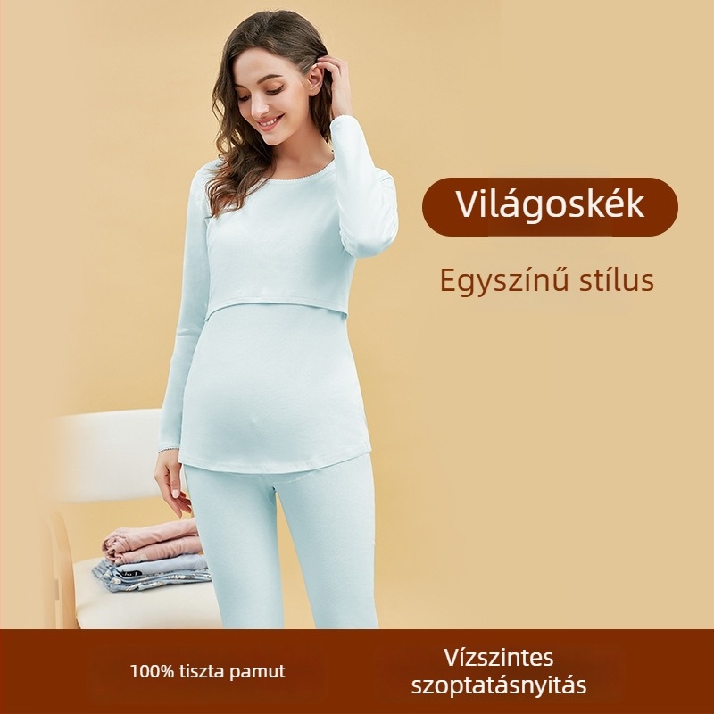 Posztpartum szoptatós pizsamaszett — 100% pamut, hosszú ujjú felső + hosszú nadrág, egyszínű, szoptatási nyílás