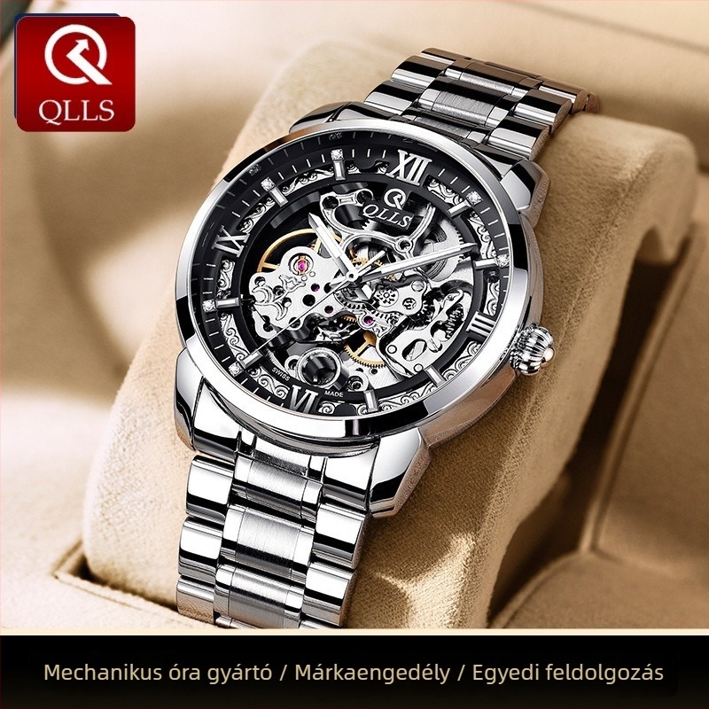 Férfi mechanikus automata karóra, skeletális dizájn, 24 órás indikátor, perspektívablak, vízálló 30 m