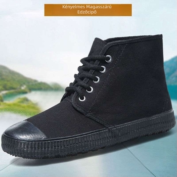 Férfi vászon munkacipő gumírozott talppal, csúszásmentes és kopásálló, középmagas, bőr lábujjvédővel, fűzőkkel