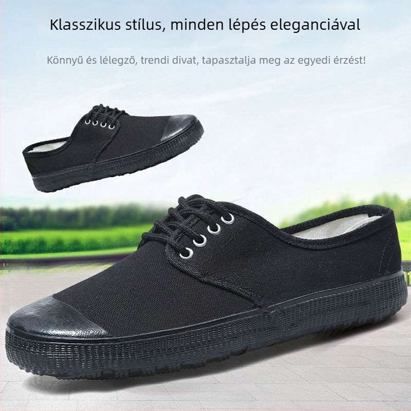 Férfi vászon munkacipő gumírozott talppal, csúszásmentes és kopásálló, középmagas, bőr lábujjvédővel, fűzőkkel