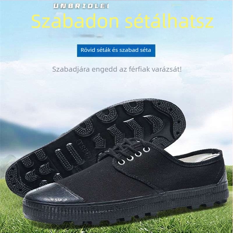 Férfi vászon munkacipő gumírozott talppal, csúszásmentes és kopásálló, középmagas, bőr lábujjvédővel, fűzőkkel