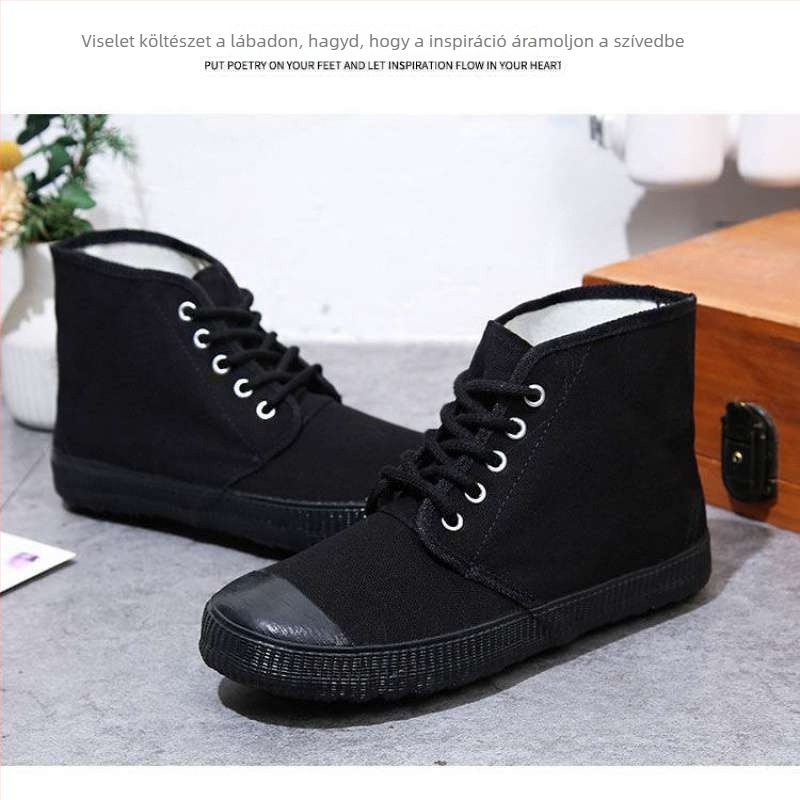 Férfi vászon munkacipő gumírozott talppal, csúszásmentes és kopásálló, középmagas, bőr lábujjvédővel, fűzőkkel