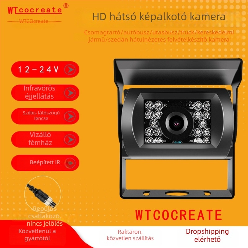 Autó/Busz hátsó kamera AHD infravörös éjszakai látással, vízálló és ütésálló, 12–24V tápegység, 125° látószög, kompatibil 4,3/7/9 colos kijelzőkkel