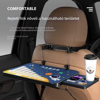 Autóba szerelhető kis faasztal; összecsukható asztal a vezető melletti üléshez; hátsó ülésen étkezésre és tanulásra szolgáló asztal; falra szerelhető támasz; univerzális kompatibilitás