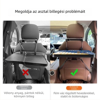 Autóba szerelhető kis faasztal; összecsukható asztal a vezető melletti üléshez; hátsó ülésen étkezésre és tanulásra szolgáló asztal; falra szerelhető támasz; univerzális kompatibilitás