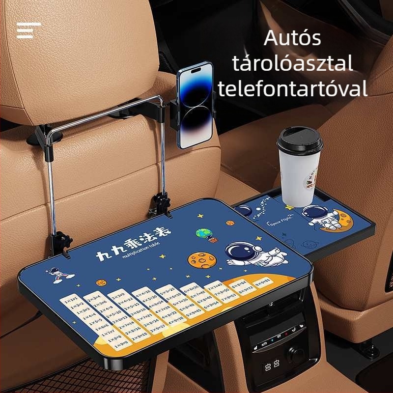 Autóba szerelhető kis faasztal; összecsukható asztal a vezető melletti üléshez; hátsó ülésen étkezésre és tanulásra szolgáló asztal; falra szerelhető támasz; univerzális kompatibilitás