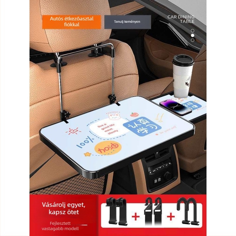 Autóba szerelhető kis faasztal; összecsukható asztal a vezető melletti üléshez; hátsó ülésen étkezésre és tanulásra szolgáló asztal; falra szerelhető támasz; univerzális kompatibilitás