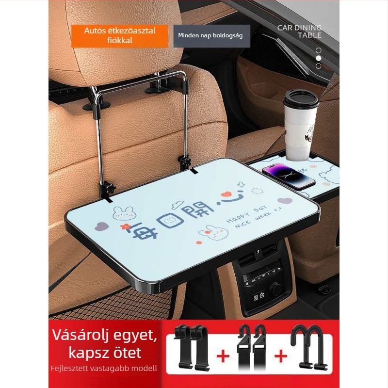 Autóba szerelhető kis faasztal; összecsukható asztal a vezető melletti üléshez; hátsó ülésen étkezésre és tanulásra szolgáló asztal; falra szerelhető támasz; univerzális kompatibilitás