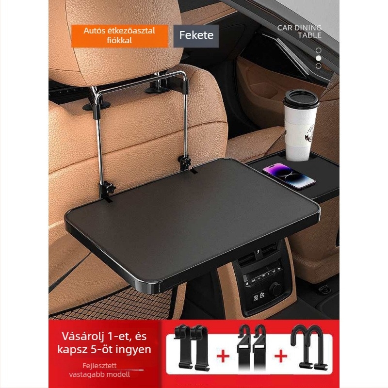 Autóba szerelhető kis faasztal; összecsukható asztal a vezető melletti üléshez; hátsó ülésen étkezésre és tanulásra szolgáló asztal; falra szerelhető támasz; univerzális kompatibilitás