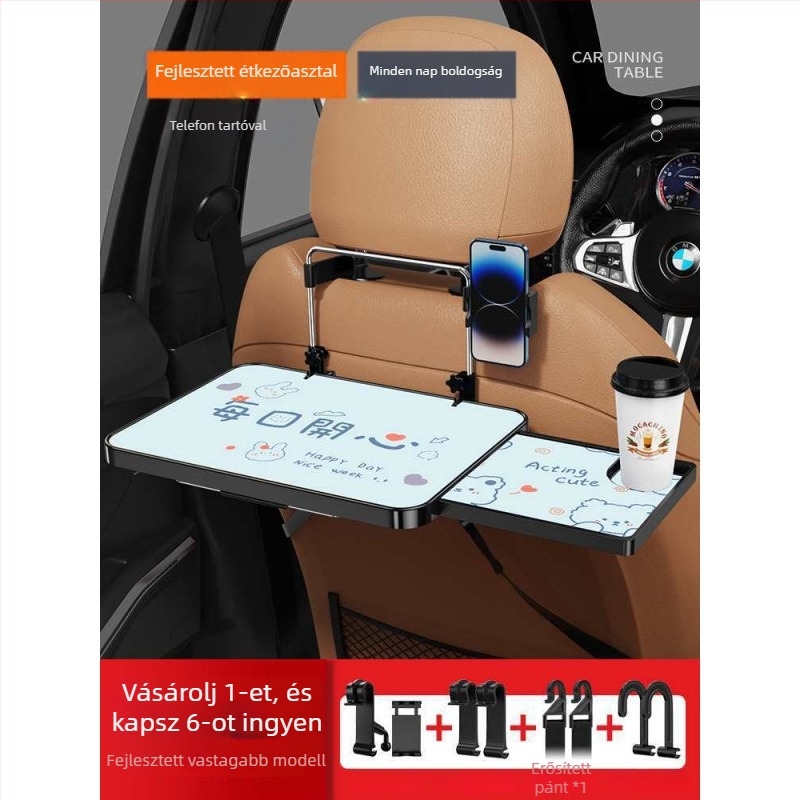 Autóba szerelhető kis faasztal; összecsukható asztal a vezető melletti üléshez; hátsó ülésen étkezésre és tanulásra szolgáló asztal; falra szerelhető támasz; univerzális kompatibilitás