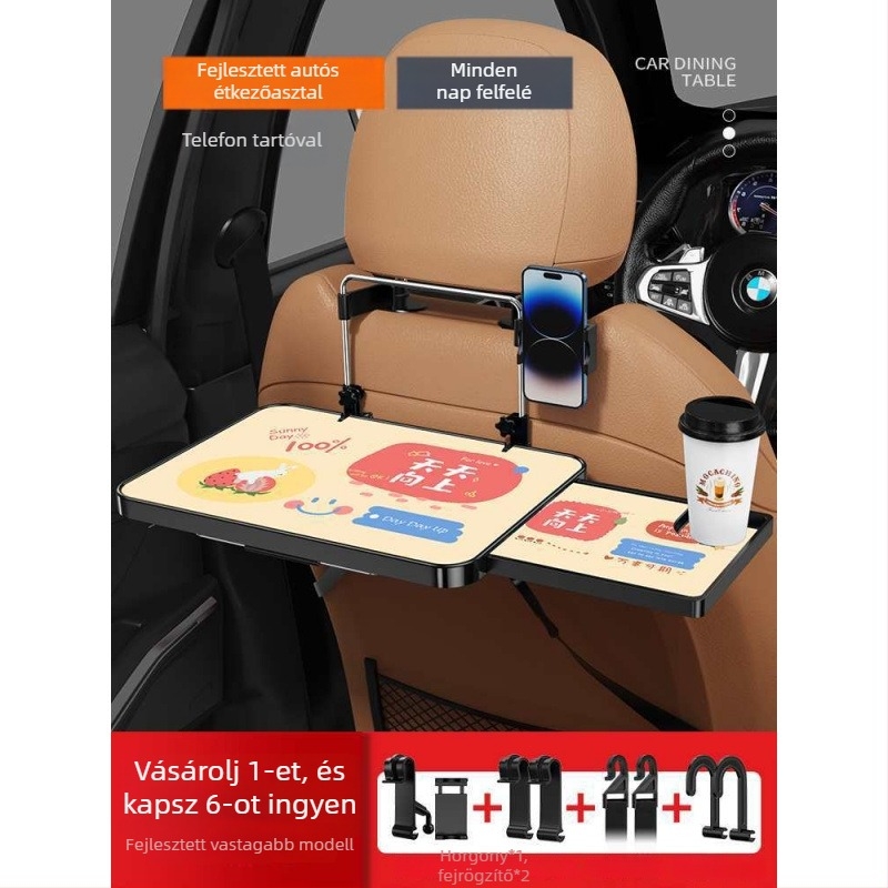 Autóba szerelhető kis faasztal; összecsukható asztal a vezető melletti üléshez; hátsó ülésen étkezésre és tanulásra szolgáló asztal; falra szerelhető támasz; univerzális kompatibilitás