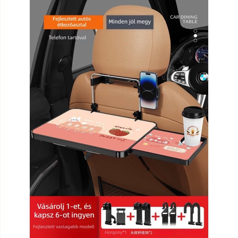 Autóba szerelhető kis faasztal; összecsukható asztal a vezető melletti üléshez; hátsó ülésen étkezésre és tanulásra szolgáló asztal; falra szerelhető támasz; univerzális kompatibilitás