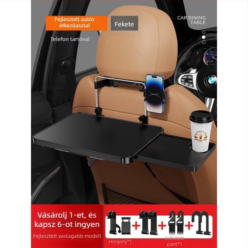 Autóba szerelhető kis faasztal; összecsukható asztal a vezető melletti üléshez; hátsó ülésen étkezésre és tanulásra szolgáló asztal; falra szerelhető támasz; univerzális kompatibilitás