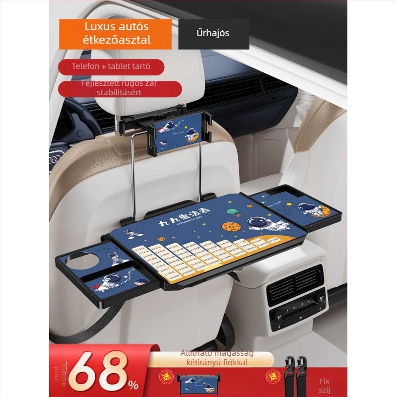 Autóba szerelhető kis faasztal; összecsukható asztal a vezető melletti üléshez; hátsó ülésen étkezésre és tanulásra szolgáló asztal; falra szerelhető támasz; univerzális kompatibilitás