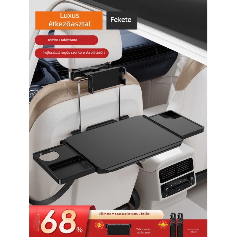 Autóba szerelhető kis faasztal; összecsukható asztal a vezető melletti üléshez; hátsó ülésen étkezésre és tanulásra szolgáló asztal; falra szerelhető támasz; univerzális kompatibilitás