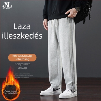 Férfi téli casual nadrág fleece-béléssel, egyenes szabású, középmagas derék, övvel, 65% pamut, mikroelasztikus, zsebek