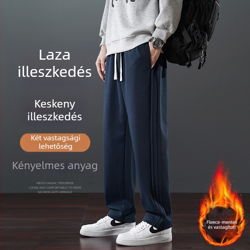 Férfi téli casual nadrág fleece-béléssel, egyenes szabású, középmagas derék, övvel, 65% pamut, mikroelasztikus, zsebek