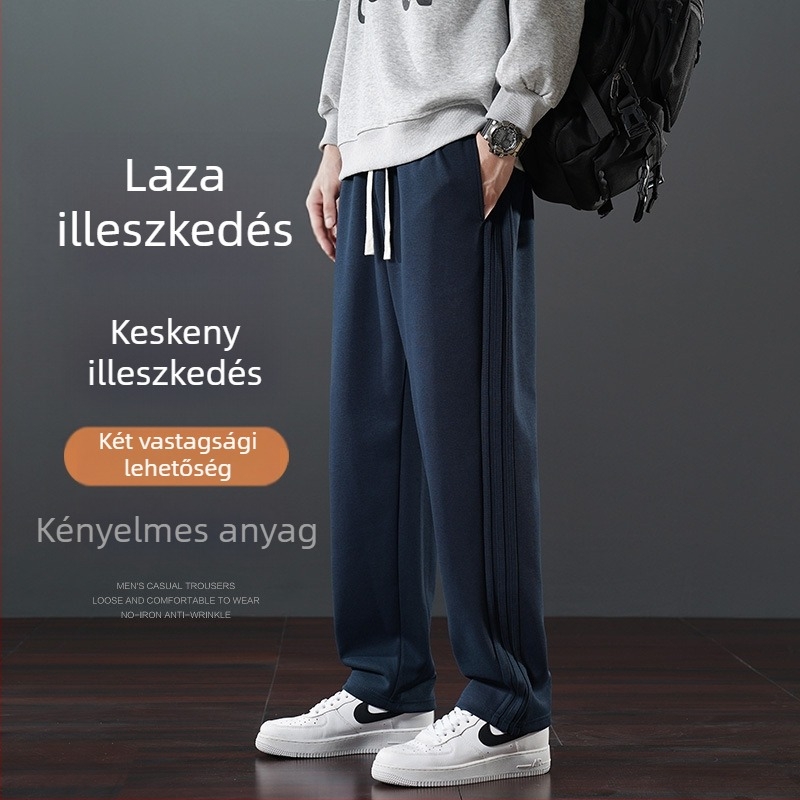 Férfi téli casual nadrág fleece-béléssel, egyenes szabású, középmagas derék, övvel, 65% pamut, mikroelasztikus, zsebek