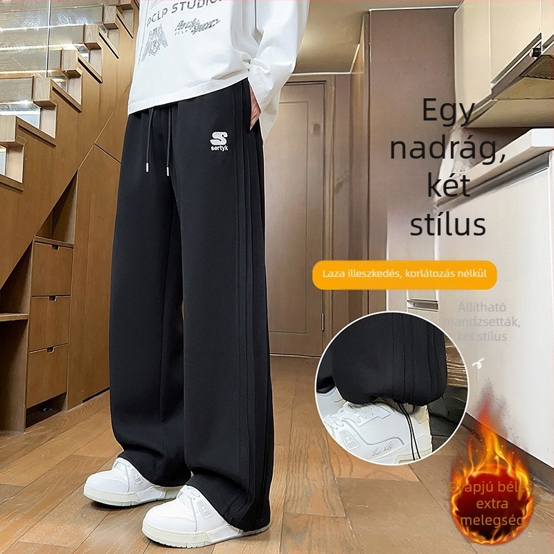 Őszi–téli béléses hosszú nadrág fiúknak, egyenes szabású, gimnazistáknak, sportos–casual stílus