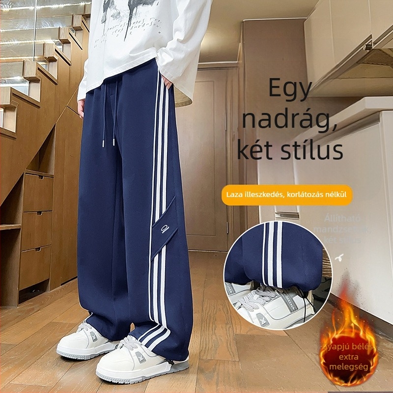 Őszi–téli béléses hosszú nadrág fiúknak, egyenes szabású, gimnazistáknak, sportos–casual stílus