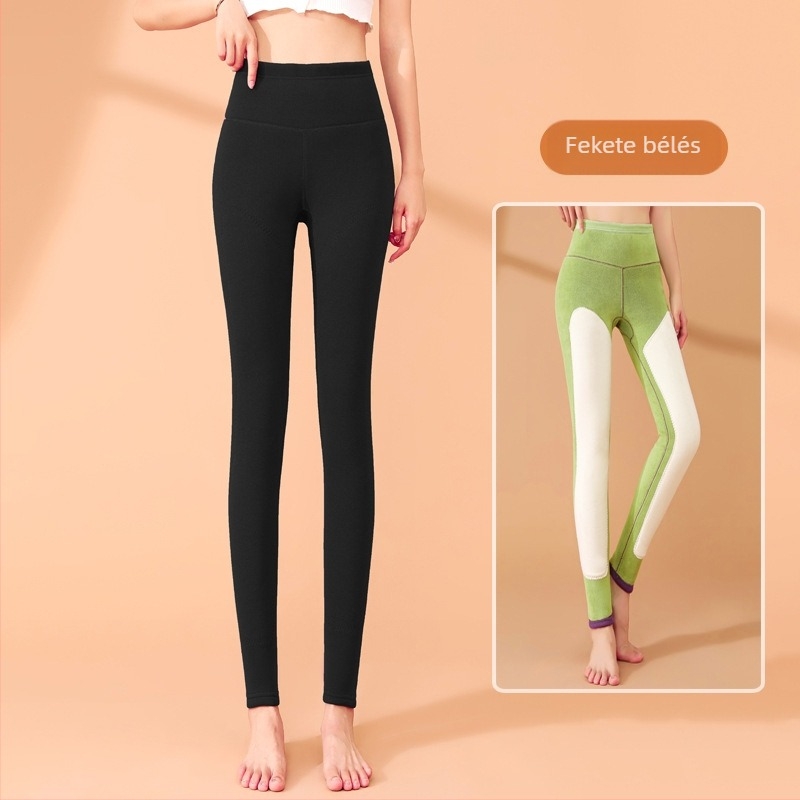 Pluszméretű női hosszú termál leggings, magas derék, rugalmas, testhezálló, kationos velúr, vastagított, meleg