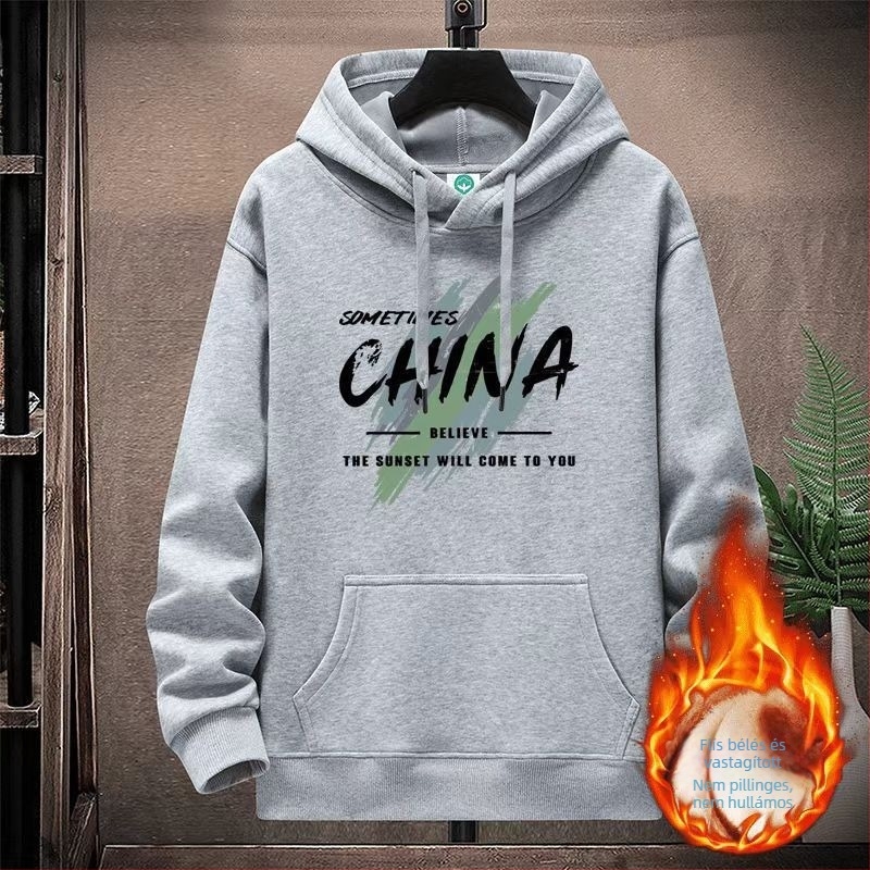 Kapucnis fleece pulóver gyapjú béléssel, laza szabás, nyomtatott minta és háromdimenziós zsebek