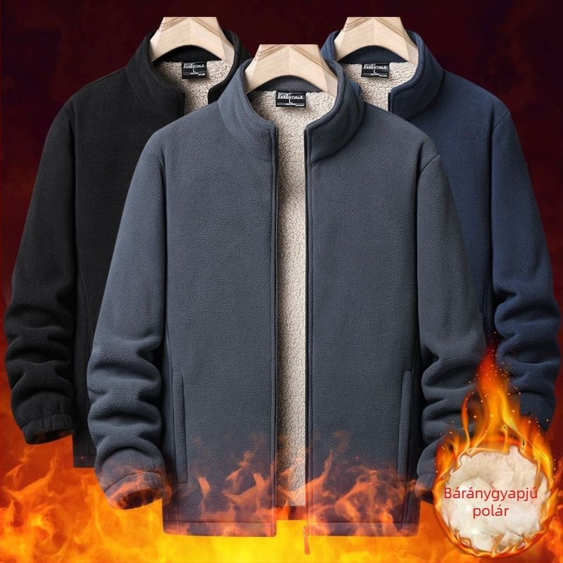 Férfi kapucnis fleece-béléses kardigán, laza szabás, őszi-téli meleg