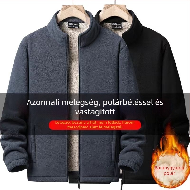 Férfi kapucnis fleece-béléses kardigán, laza szabás, őszi-téli meleg