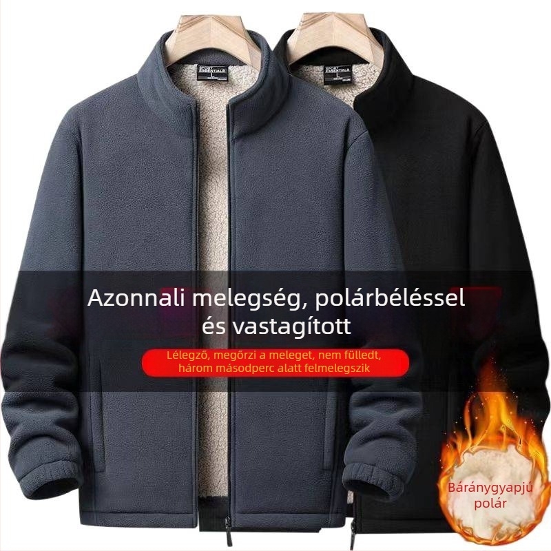 Férfi kapucnis fleece-béléses kardigán, laza szabás, őszi-téli meleg